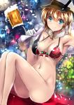  alcohol bad_id bad_pixiv_id bag beer_mug bell bell_collar blonde_hair blue_eyes bottomless bra breasts collar cup gloves hat highres holding holding_cup kantai_collection large_breasts low_twintails navel prinz_eugen_(kantai_collection) red_bra rinaka_moruchi sailor_hat sitting smile solo twintails underwear white_gloves 