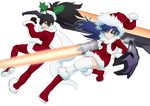  black_hair blue_eyes blue_hair boots breasts christmas fur_boots ganaha_hibiki gloves grin hat idolmaster idolmaster_(classic) kisaragi_chihaya long_hair medium_breasts monster_hunter multiple_girls ponytail red_footwear santa_boots santa_costume santa_hat scarf shield smile sword thighhighs wata_do_chinkuru weapon white_legwear 