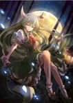  60mai commentary_request dutch_angle ex-keine full_moon green_hair hakutaku highres horns kamishirasawa_keine long_hair looking_at_viewer moon orange_eyes sitting solo touhou wind youkai 