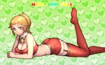  arm_support ass bell bell_collar blue_eyes breasts brown_hair christmas cleavage collar english feet garter_straps gundam gundam_build_fighters gundam_build_fighters_try heart highres hoshino_fumina large_breasts leg_up legs long_legs looking_at_viewer lying merry_christmas midriff miniskirt on_stomach ponytail red_legwear ryushin skindentation skirt smile solo thighhighs thighs 