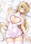  3: alternate_costume areola_slip areolae blonde_hair blush bow breasts cleavage_cutout green_eyes hair_bow hat heart_cutout huge_breasts legs_together long_hair looking_at_viewer low-tied_long_hair lying nipple_slip nipples no_panties nurse_cap partially_visible_vulva pillow solo taro_kasukabe tearju_lunatique thighhighs to_love-ru to_love-ru_darkness very_long_hair white_legwear 