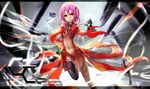  bare_shoulders black_legwear center_opening copyright_name detached_sleeves elbow_gloves gloves guilty_crown gun long_hair navel pink_hair red_eyes solo thighhighs wangchuan_de_quanyan weapon yuzuriha_inori 