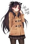  1girl arm_behind_back bangs beige_coat black_hair black_legwear black_ribbon black_skirt blush breasts casual coat commentary_request duffel_coat fate/grand_order fate_(series) hair_ribbon hand_up highres ishtar_(fate/grand_order) korean_commentary korean_text long_hair long_sleeves looking_away miniskirt ndgd pantyhose pleated_skirt pocket raised_eyebrow red_eyes ribbon shiny shiny_hair shiny_legwear shirt shy sidelocks simple_background skirt solo standing translation_request two_side_up very_long_hair white_background white_shirt winter_clothes winter_coat 