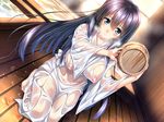  1girl amakano barrel black_hair blue_eyes blush breasts dutch_angle erect_nipples game_cg heavy_breathing highres kneeling large_breasts long_hair piromizu see-through_silhouette solo steam takayashiro_sayuki water wet wet_clothes wooden_floor wooden_wall 