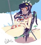  alex_ahad beach beach_umbrella between_breasts bikini black_hair breasts can day filia_(skullgirls) large_breasts living_hair long_hair polka_dot polka_dot_bikini polka_dot_swimsuit recliner reclining red_eyes samson_(skullgirls) signature skullgirls soda_can solo swimsuit umbrella underboob 