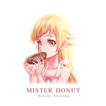  bai_linqin bakemonogatari blonde_hair doughnut eating english food golden_chocolate long_hair mister_donut monogatari_(series) oshino_shinobu romaji simple_background solo upper_body white_background yellow_eyes 