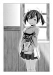  :d bomber_grape comic greyscale hair_ribbon hakama highres japanese_clothes kantai_collection looking_at_viewer monochrome open_mouth pleated_skirt ribbon skirt smile solo souryuu_(kantai_collection) sweat twintails v_arms 