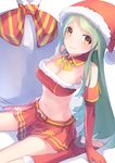  aqua_hair arm_support bandeau bare_shoulders boots breasts christmas cleavage elbow_gloves fur_boots gloves hat long_hair looking_at_viewer medium_breasts midriff navel original red_footwear red_gloves sack santa_boots santa_costume santa_hat sitting skirt smile solo stomach taut_clothes touboku wariza yellow_eyes 
