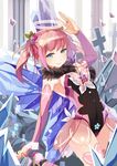  arm_up blue_eyes bridal_gauntlets cross detached_sleeves hair_ornament leotard looking_at_viewer pink_hair selenoring solo souseiki_aster_gate string thighhighs twintails 