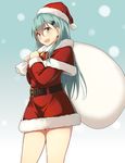  :d alternate_costume bell belt blush capelet christmas cowboy_shot dress fur_trim gradient gradient_background green_eyes green_hair hair_ornament hairclip hat highres kantai_collection long_hair looking_at_viewer open_mouth over_shoulder red_capelet red_dress sack santa_costume santa_hat smile snowing solo soukou_makura suzuya_(kantai_collection) 