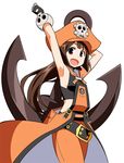  :d anbe_masahiro anchor armpits arms_up brown_hair cowboy_shot guilty_gear hat long_hair looking_at_viewer may_(guilty_gear) open_mouth orange_hat orange_shirt pants pirate_hat red_eyes shirt simple_background smile solo tareme white_background 