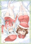  alternate_costume bed_sheet brown_eyes brown_hair fujishima_shinnosuke hat hibiki_(kantai_collection) ikazuchi_(kantai_collection) kantai_collection long_hair looking_at_viewer lying md5_mismatch multiple_girls on_stomach open_mouth santa_costume santa_hat short_hair silver_eyes silver_hair smile thighhighs zettai_ryouiki 