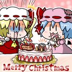  0_0 2girls :3 :d =d ascot bat_wings blonde_hair blue_hair bow cake chibi christmas commentary detached_wings eating flandre_scarlet food from_side fruit hat hat_bow highres merry_christmas mob_cap multiple_girls noai_nioshi open_mouth patch ponytail red_eyes remilia_scarlet smile strawberry sweat touhou turn_pale wings |_| 