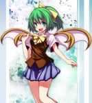  alternate_costume bad_id bad_pixiv_id bow daiyousei fairy_wings fang green_eyes green_hair hair_ribbon highres open_mouth ribbon s-syogo shirt short_sleeves side_ponytail skirt smile solo touhou vest wings 