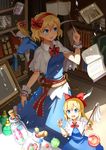  alice_margatroid belt blonde_hair blue_dress blue_eyes book bookshelf bow candy capelet cleaning cup doll_joints dress duster emerane food hair_bow hairband jar open_mouth pen sash shanghai_doll smile teacup touhou wrist_cuffs 