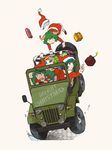  alternate_costume animal_ears bomb car color_connection dress gift green_eyes green_hair ground_vehicle hair_color_connection hair_ornament hat jeep kasodani_kyouko kazami_yuuka kochiya_sanae long_hair maruhachi_(maruhachi_record) merry_christmas motor_vehicle multiple_girls open_mouth red_eyes sack santa_costume santa_hat short_hair skirt smile snake snake_hair_ornament touhou 