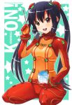 1girl 2010 black_hair bodysuit bowl cloverpeia commentary_request cosplay evangelion:_3.0_you_can_(not)_redo hairpods holding holding_bowl holding_spoon k-on! multicolored multicolored_bodysuit multicolored_clothes nakano_azusa neon_genesis_evangelion orange_bodysuit pilot_suit plugsuit pun rebuild_of_evangelion red_bodysuit red_eyes see-through seiza shaved_ice shikinami_asuka_langley_(cosplay) sitting skin_tight solo soryu_asuka_langley spoon star starry_background teal_background test_plugsuit twintails white_background 