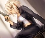  428 black_jacket blonde_hair canaan canaan_(character) dark_skin gun handgun jacket midriff pistol shinooji short_hair sleeveless solo tan trigger_discipline turtleneck weapon yellow_eyes 