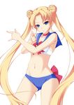  back_bow bishoujo_senshi_sailor_moon blonde_hair blue_eyes blue_panties blue_sailor_collar bow bra choker double_bun highres kurose_kanata long_hair panties red_bow red_choker sailor_collar sailor_moon sailor_moon_narikiri_bra_set sailor_senshi_uniform smile solo tsuki_ni_kawatte_oshioki_yo tsukino_usagi twintails underwear underwear_only white_background 