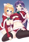  alternate_eye_color ayase_eli black_legwear blonde_hair blue_background blue_eyes blush breasts capelet christmas cleavage crop_top fur_trim garter_straps gloves gradient gradient_background hanging_breasts heart heart-shaped_pupils hood large_breasts long_hair looking_at_viewer love_live! love_live!_school_idol_project midriff miniskirt multiple_girls navel open_mouth ponkotsu_(ayarosu) ponytail purple_hair santa_costume skirt smile symbol-shaped_pupils thighhighs toujou_nozomi underboob_cutout v white_gloves 