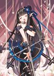  bare_shoulders black_hair bow chain closed_eyes dress long_hair looking_at_viewer microphone microphone_stand open_mouth pantyhose ribbon selenoring solo souseiki_aster_gate very_long_hair wristband 