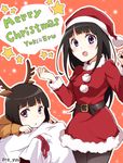  animal_costume antlers belt black_hair bob_cut chitanda_eru creator_connection crossover hat hyouka long_hair multiple_girls osanai_yuki pantyhose purple_eyes reindeer_antlers reindeer_costume sack santa_costume santa_hat shimoku_reyu short_hair shoushimin_series 