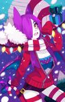  animal_ears bat_ears blue_(hopebiscuit) box breasts candy candy_cane christmas christmas_lights cleavage crobat eyelashes eyeshadow food gen_2_pokemon gift gift_box hair_over_one_eye holster jacket makeup open_mouth personification pokemon purple_hair red_legwear scarf short_hair short_shorts shorts small_breasts snowing solo strapless striped striped_legwear striped_scarf thighhighs track_jacket tubetop white_skin yellow_eyes 