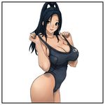  alternate_hair_color bakuman black_hair breasts cleavage erect_nipples grey_eyes highleg highleg_swimsuit miyoshi_kaya one-piece_swimsuit rapanda simple_background smile solo standing strap_pull swimsuit white_background 