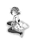  bomber_grape detached_sleeves greyscale hairband hiei_(kantai_collection) highres kantai_collection looking_at_viewer monochrome nontraditional_miko pantyhose plaid plaid_skirt short_hair sitting skirt smile solo thighhighs 