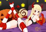  :o anal_tail bad_id bad_pixiv_id bed black_bra black_panties blonde_hair bra breasts butt_plug demon_tail elbow_gloves fake_tail fingernails gloves halloween highres horns long_hair looking_at_viewer looking_back lying medium_breasts on_stomach original panties pillow ppshex pumpkin red_eyes red_wings shiny shiny_skin skindentation solo star striped striped_legwear tail thighhighs toenails tongue underwear wings 