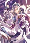  blonde_hair blue_eyes boots cape chess_piece crossed_legs crown feathers looking_at_viewer male_focus open_mouth pawn selenoring sitting solo souseiki_aster_gate wand 