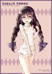  akemi_homura artist_name black_hair blush braid cleavage_cutout copyright_name embarrassed glasses hikaru_310 long_hair madoka_runes mahou_shoujo_madoka_magica meme_attire open-chest_sweater purple_eyes red-framed_eyewear ribbed_sweater semi-rimless_eyewear solo sweater twin_braids twintails twitter_username under-rim_eyewear 