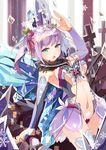  arm_up blue_eyes blue_hair bridal_gauntlets cross detached_sleeves hair_ornament leotard looking_at_viewer multicolored_hair purple_hair selenoring solo souseiki_aster_gate string thighhighs twintails 