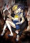  1girl bad_id bad_pixiv_id blonde_hair blood blood_on_face bloody_clothes blue_eyes blue_skirt character_name corpse_party d_midiror dated highres holding_hands kishinuma_yoshiki kneehighs long_sleeves looking_at_viewer low_twintails name_tag neckerchief open_mouth pleated_skirt purple_eyes purple_hair sailor_collar school_uniform serafuku shinozaki_ayumi shoes sitting skirt twintails uwabaki white_legwear 