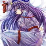  angry bdsm blue_eyes blush bondage bound hat long_hair looking_at_viewer monikano patchouli_knowledge purple_hair red_rope rope solo touhou 
