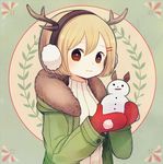  antlers ayu_(mog) bad_id bad_pixiv_id blush earmuffs hair_ornament hairband looking_at_viewer mittens original short_hair snowman solo winter 