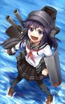  :d absurdres akatsuki_(kantai_collection) black_jelly black_legwear black_skirt blouse flat_cap from_above hat highres kantai_collection loafers long_hair long_sleeves looking_up machinery neckerchief ocean open_mouth pantyhose pleated_skirt purple_eyes purple_hair red_neckwear sailor_collar school_uniform serafuku shoes skirt smile solo standing standing_on_liquid v-shaped_eyebrows 