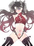  adapted_costume arms_up black_legwear blue_eyes blush breasts brown_hair command_spell covered_nipples elbow_gloves fate/stay_night fate_(series) gloves hair_ribbon long_hair medium_breasts navel niko_(tama) partially_colored ribbon simple_background solo thighhighs toosaka_rin very_long_hair white_background 