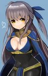  :o blue_background bodysuit breasts cape cleavage fire_emblem fire_emblem:_akatsuki_no_megami hair_ribbon long_hair looking_at_breasts medium_breasts micaiah navel ribbon silver_hair simple_background solo toi_(toiot) yellow_eyes 