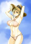 armpits arms_up bikini blonde_hair blue_eyes breasts cleavage day final_fantasy final_fantasy_xiv hat hyur large_breasts minfilia_warde navel ooshima_ryou sky smile solo swimsuit 