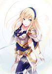  armor bad_id bad_pixiv_id blonde_hair blue_eyes breasts broken_armor cleavage damaged elbow_gloves gloves green_eyes hairband league_of_legends long_hair looking_at_viewer luxanna_crownguard medium_breasts pauldrons solo torn_clothes vococo wardrobe_malfunction weapon 