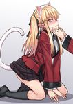  all_fours animal_ears black_legwear blonde_hair blush cat_ears cat_tail hands_on_another's_face houndstooth jpeg_artifacts kakegurui kneehighs long_hair looking_at_viewer matsuryuu saotome_meari school_uniform sidelocks skirt solo_focus sweatdrop tail twintails 