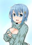  blue_eyes blue_hair breasts casual cleavage cleavage_cutout hair_ornament hairclip highres kaho_(amal135) large_breasts mahou_shoujo_madoka_magica meme_attire miki_sayaka open-chest_sweater open_mouth ribbed_sweater short_hair sleeves_past_wrists smile solo sweater turtleneck 