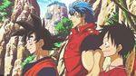  animated animated_gif black_hair blue_hair crossover dragon_ball dragonball_z dream_9_toriko_x_one_piece_x_dragon_ball_z_super_collaboration_special monkey_d_luffy multiple_boys one_piece scar son_gokuu super_saiyan toriko toriko_(series) 