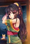  adjusting_hair animal_ears bare_shoulders black_eyes black_hair blush blush_stickers fox_ears fox_tail hair_ornament hairclip highres iwabitsu_(oshiro_project) japanese_clothes kero_(tomoki-tiger) kimono long_hair looking_at_viewer minigirl multiple_girls night oshiro_project ponytail senko_(oshiro_project) sky star_(sky) starry_sky tail torii_hair_ornament 