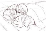  2boys bed blanket blush child free! lying male male_focus matsuoka_rin megumi-square monochrome multiple_boys nanase_haruka_(free!) pillow shirt sketch sleeping t-shirt 