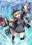  anchor_hair_ornament arm_up black_legwear black_skirt blonde_hair blue_eyes blue_sky boots clenched_hand gloves hair_ornament hat iron_cross kantai_collection leg_up long_hair machinery md5_mismatch microskirt military military_hat military_uniform ocean open_mouth peaked_cap pleated_skirt prinz_eugen_(kantai_collection) skirt sky smile solo tadano_magu thighhighs twintails uniform water white_gloves 