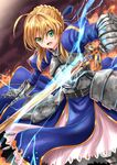  ahoge armor armored_dress artoria_pendragon_(all) bad_id bad_pixiv_id blonde_hair dress excalibur fate/stay_night fate_(series) gauntlets green_eyes inu_(marukome) juliet_sleeves long_sleeves puffy_sleeves saber solo sword weapon 