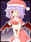 ;d alternate_costume bat_wings christmas gaius_(nikoniko2) hat highres leaning_forward looking_at_viewer navel one_eye_closed open_mouth purple_hair red_eyes remilia_scarlet santa_hat short_hair smile solo touhou v-shaped_eyebrows v_arms wings 