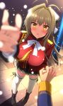  amagi_brilliant_park antenna_hair blurry blush bow breasts brown_eyes brown_hair depth_of_field derauea hair_bow hair_intakes highres holding_hands kanie_seiya large_breasts long_hair looking_at_viewer open_mouth out_of_frame ponytail pov pov_hands sento_isuzu snow solo_focus standing taut_clothes thighhighs uniform white_legwear winter 